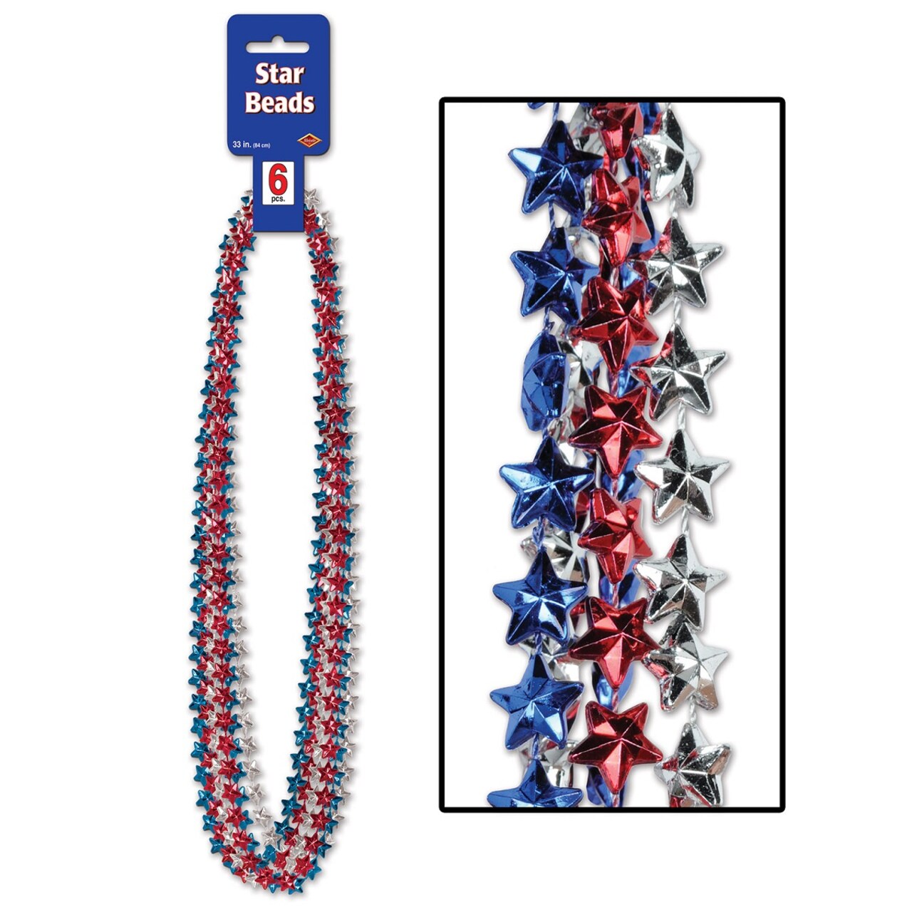 Beistle Club Pack of 72 Assorted Red, Silver and Blue Star Beaded Necklace Party Favors 33''